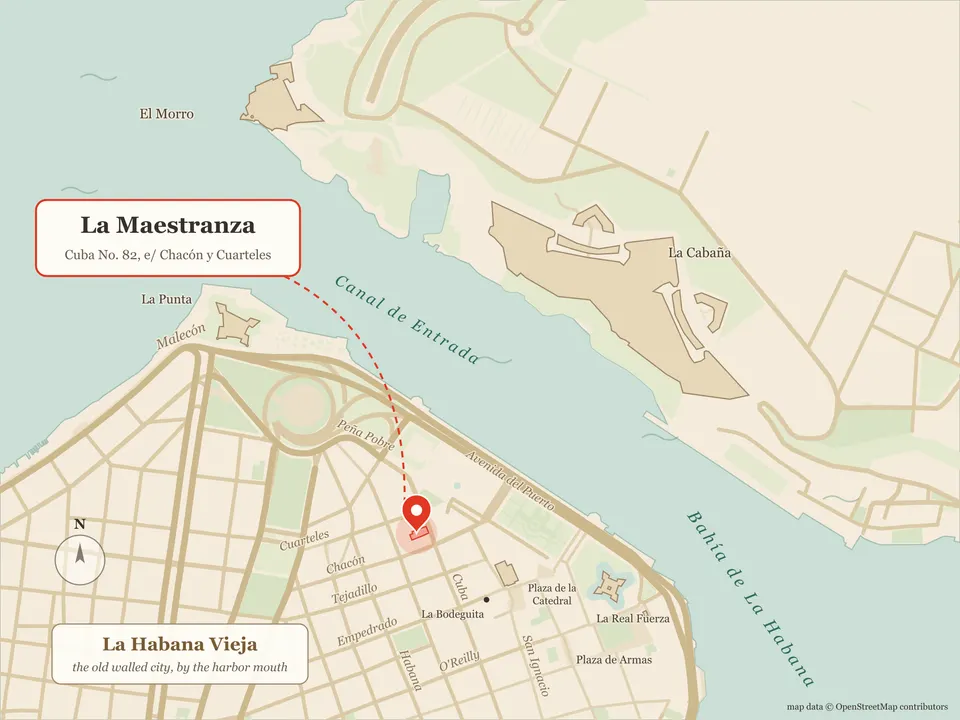 Stylized map of Old Havana's northwest corner: La Maestranza on Cuba Street between Chacón and Cuarteles, near the Cathedral, the harbor mouth and El Morro